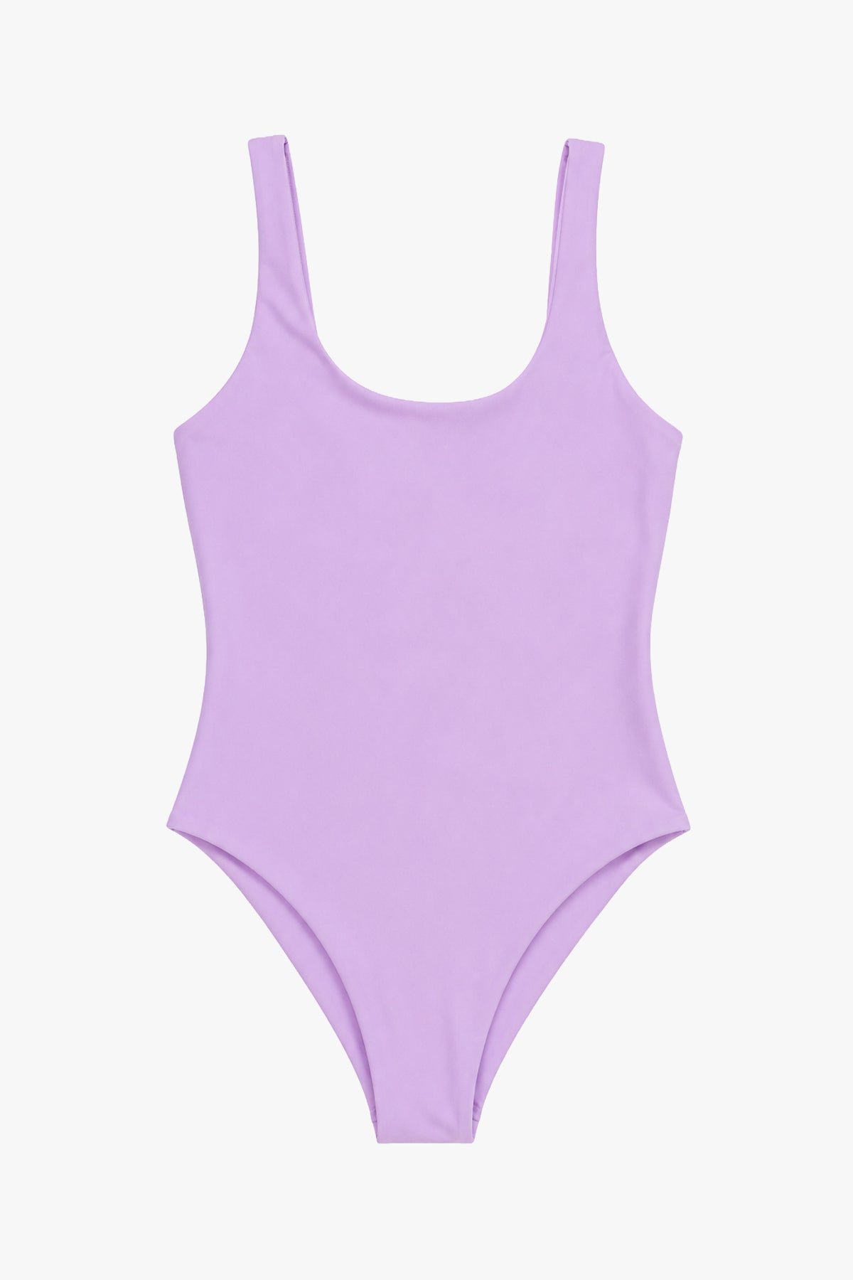 Lavender Signature Swimsuit with scoop neckline, wide straps, high-cut leg and white MCB logo.
