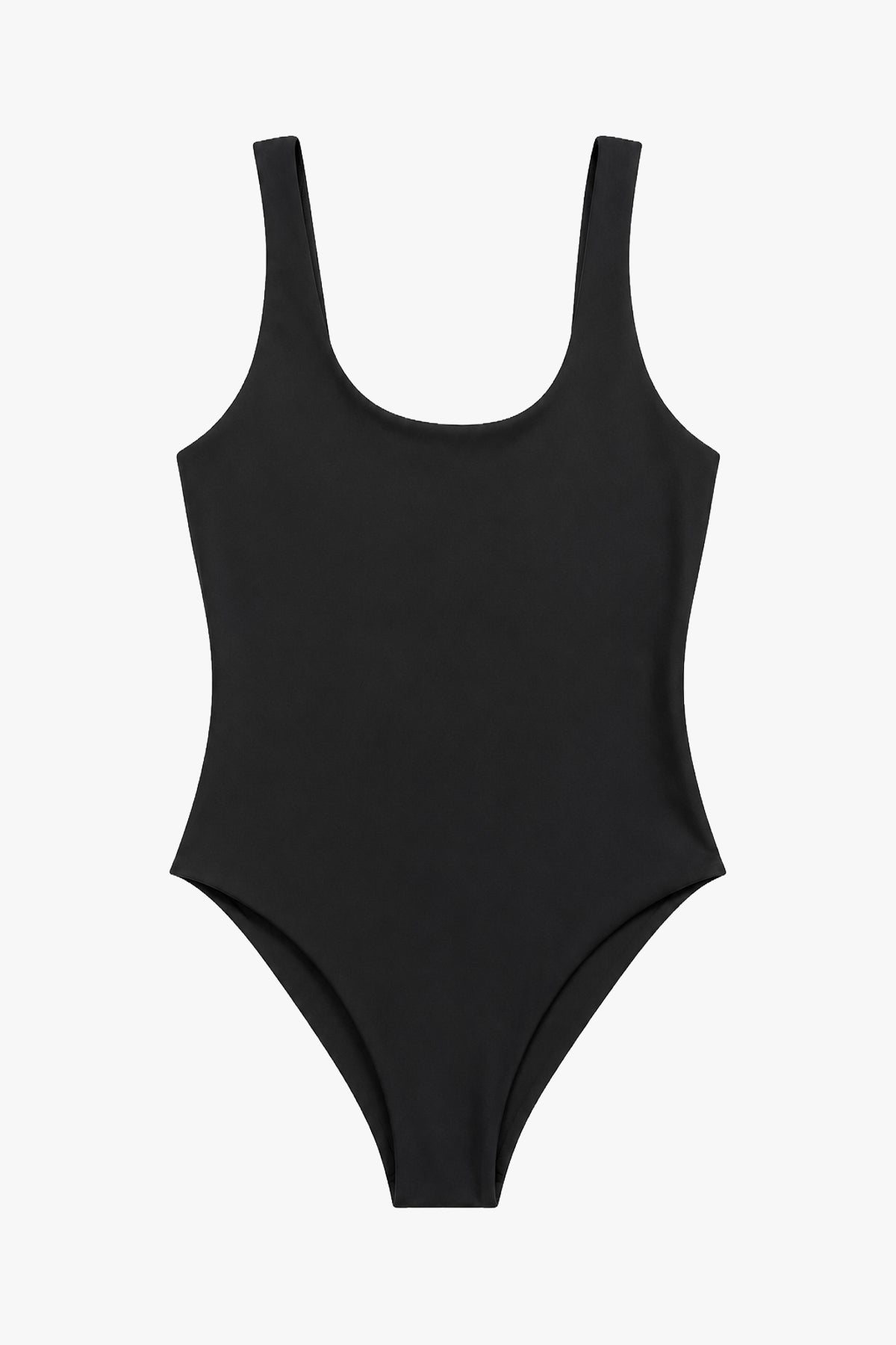 Black Signature Swimsuit with scoop neckline, wide straps, high-cut leg and white MCB logo.
